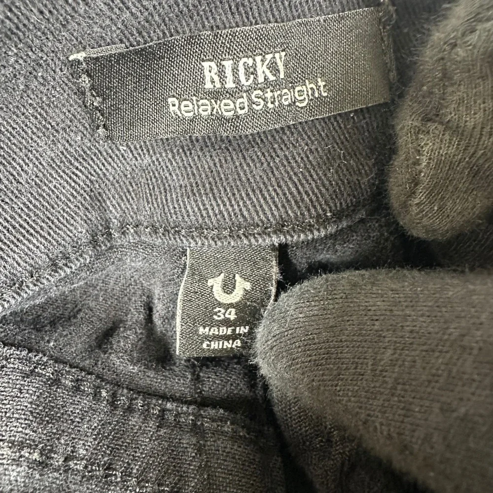 True Religion Ricky Relaxed Straight Jeans Mens‎ 34 (fit 38x30) Black Distressed